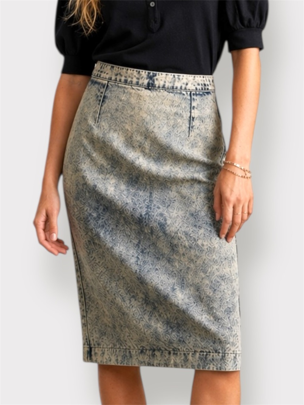 Vintage Acid Wash Denim Midi Pencil Skirt Made in Canada
